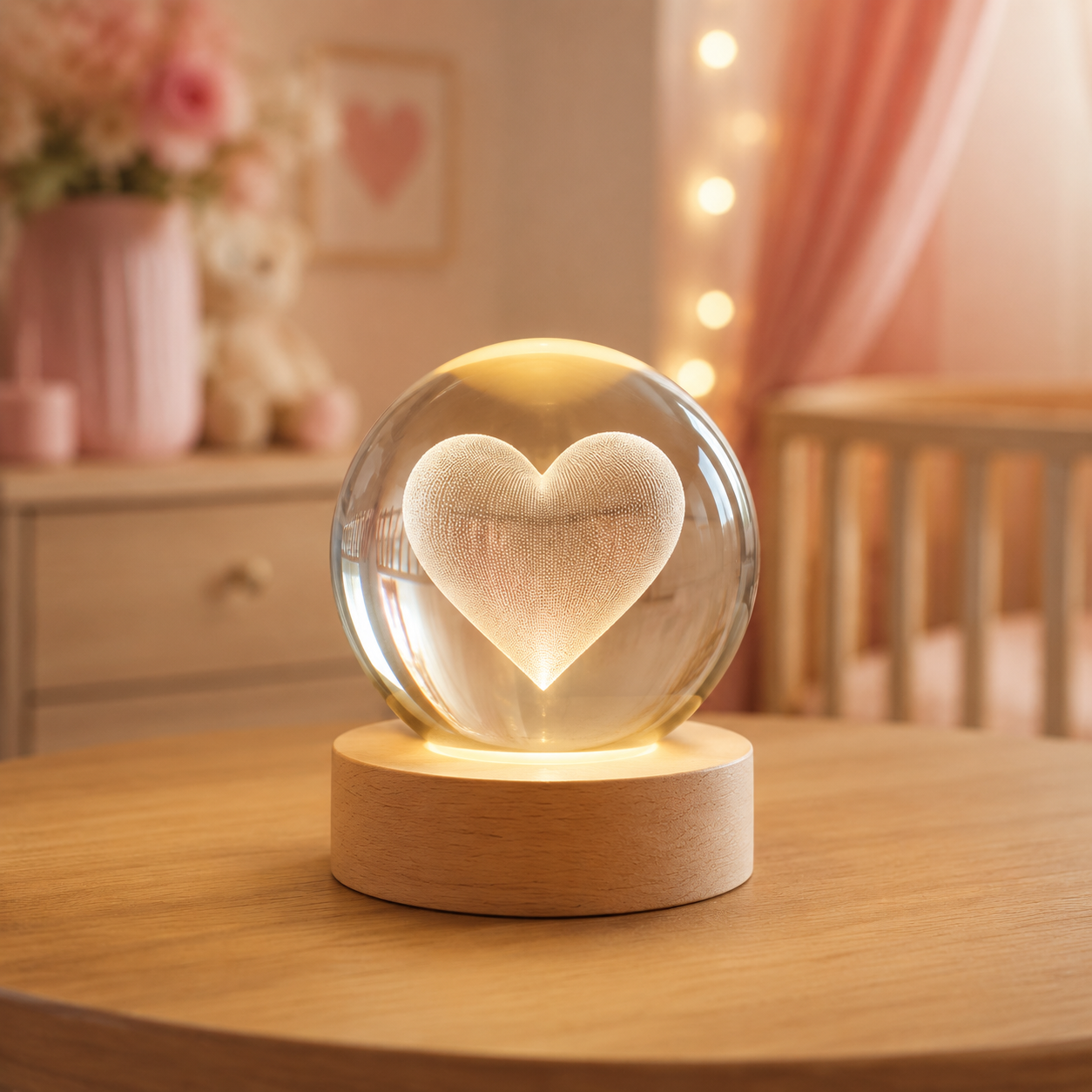 Veilleuse boule de cristal Cœur dans un décor de chambre de bébé