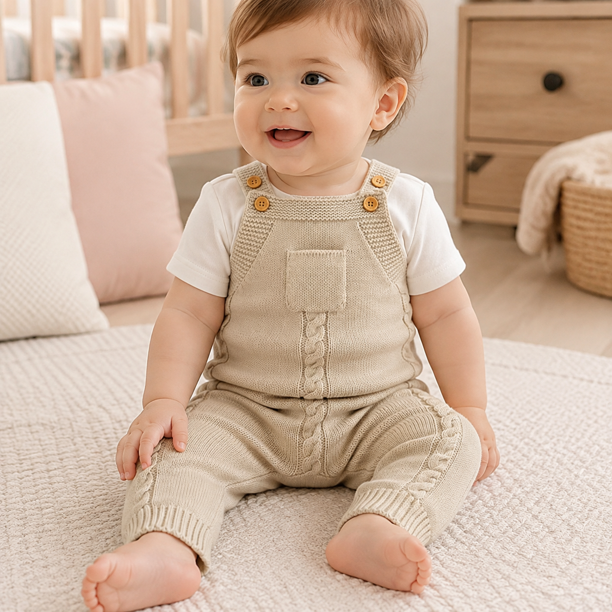 Détails de la barboteuse bébé en tricot beige portée