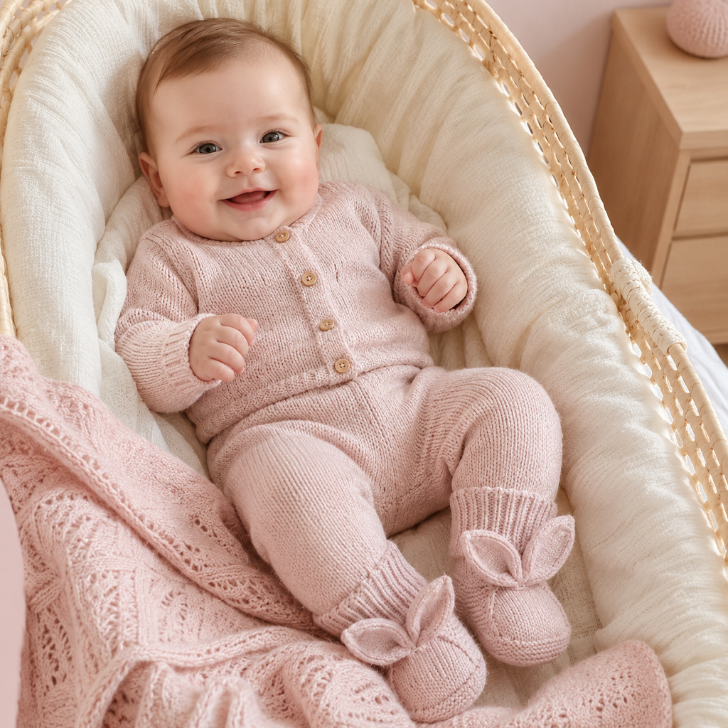 Bébé dans son couffin portant des chaussons lapin rose poudré