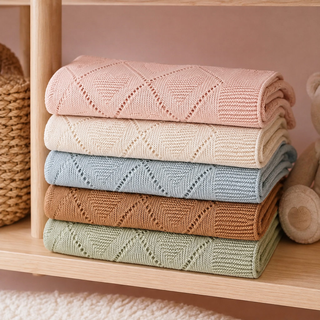 Couvertures bébé en maille à cœurs déclinées en plusieurs coloris
