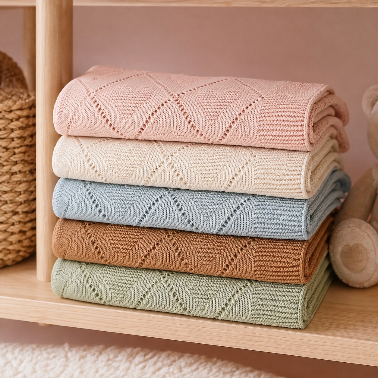 Couvertures bébé en maille à cœurs déclinées en plusieurs coloris