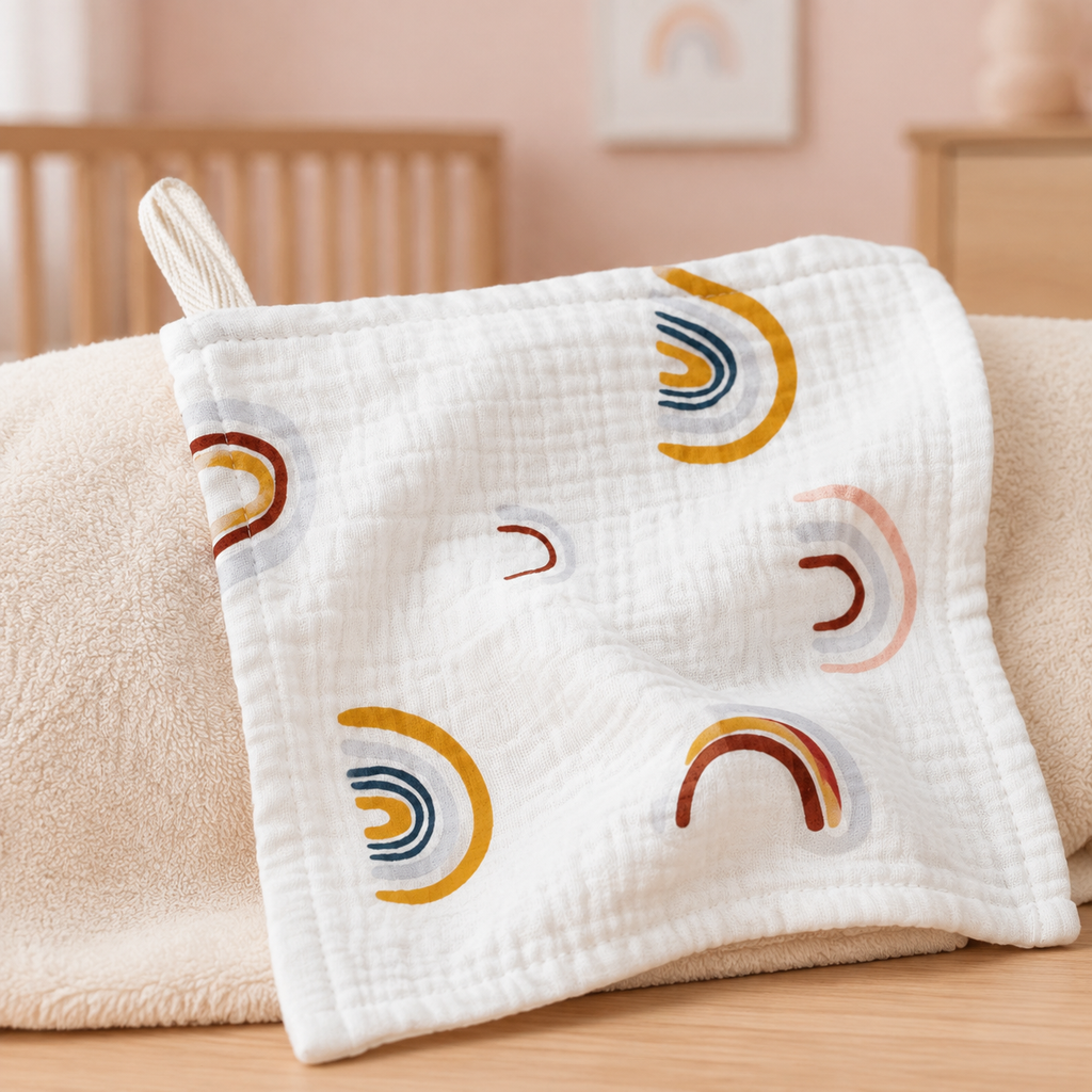 Détail de la double gaze et de la boucle d’un carré de toilette