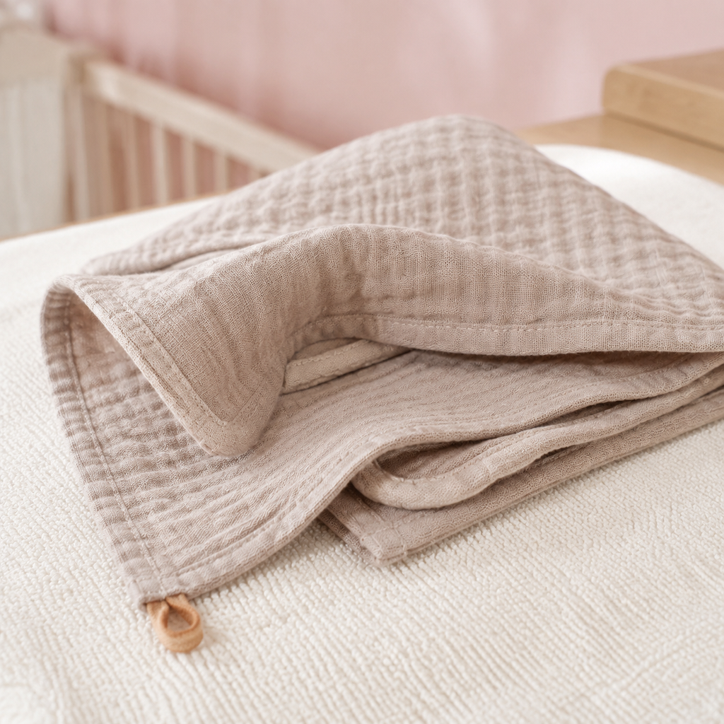 Détail de la gaze de coton et de la boucle d’une lingette bébé