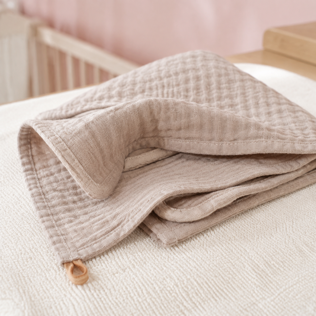 Détail de la gaze de coton et de la boucle d’une lingette bébé