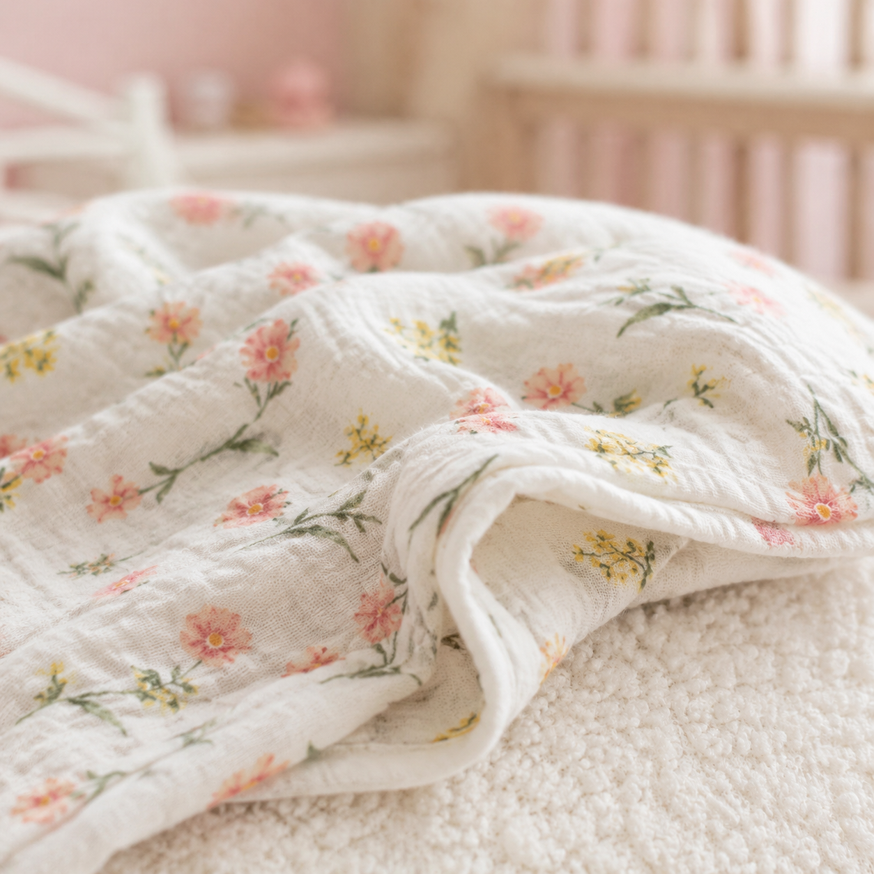 Détail de la double gaze d’une couverture bébé à fleurs