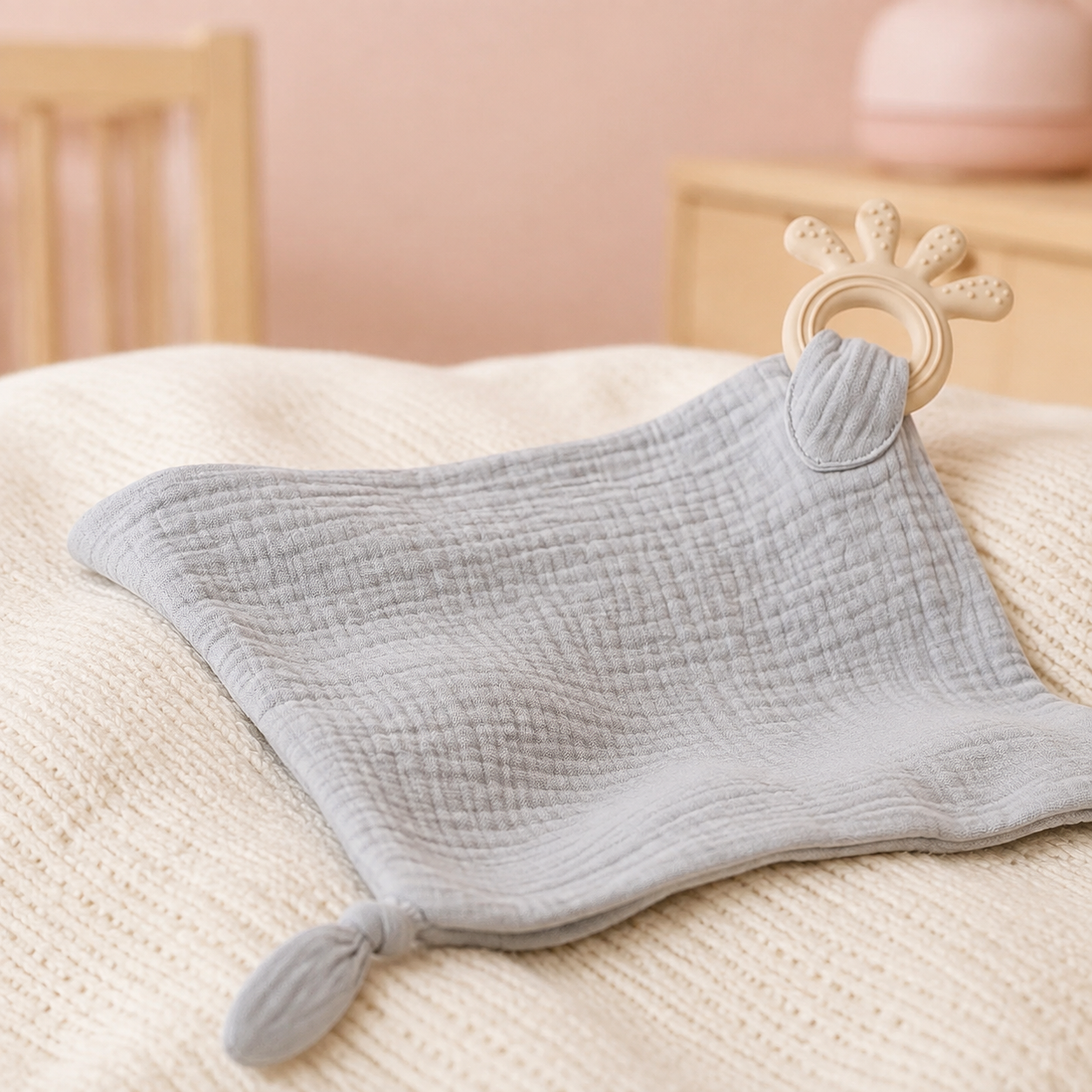 Détail de la mousseline et de l’anneau girafe du doudou-lange