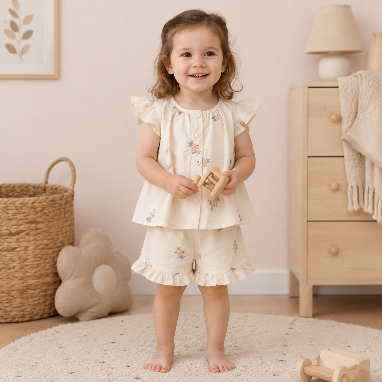 Ensemble fille ivoire à fleurs porté dans une chambre d’enfant