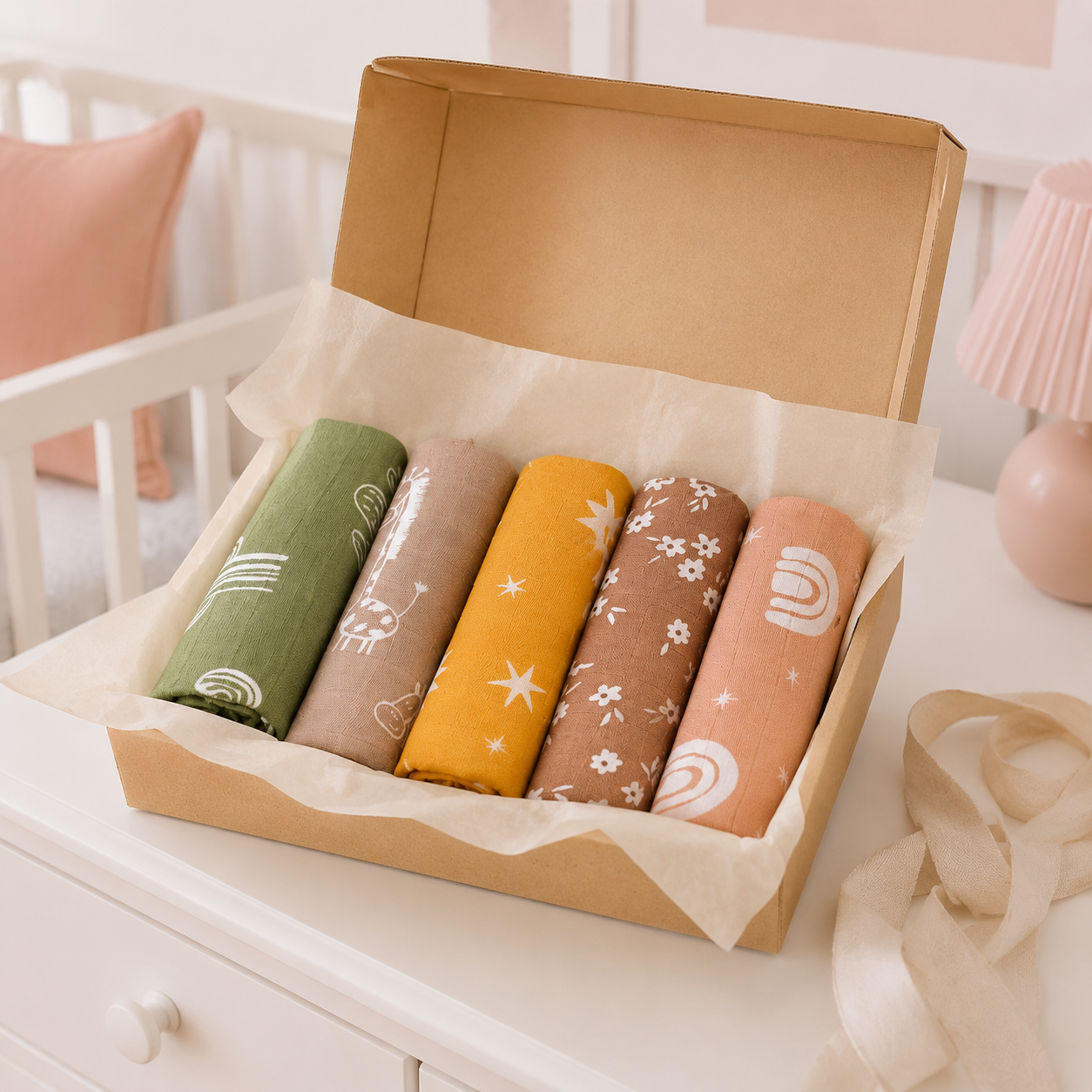Lot de cinq langes bébé bohèmes présenté en coffret cadeau