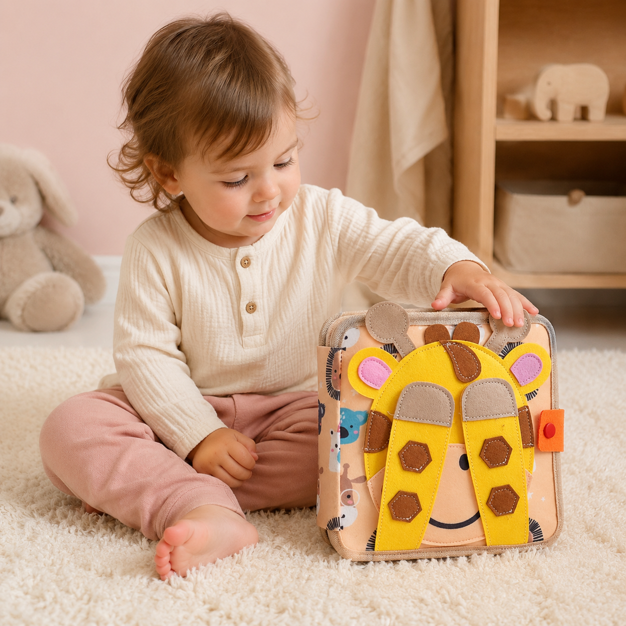 Enfant avec le livre d’activités bébé à couverture girafe