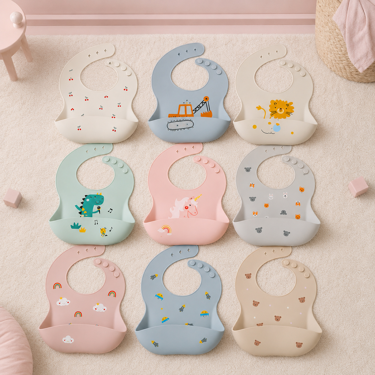 Neuf motifs de bavoirs bébé en silicone avec poche