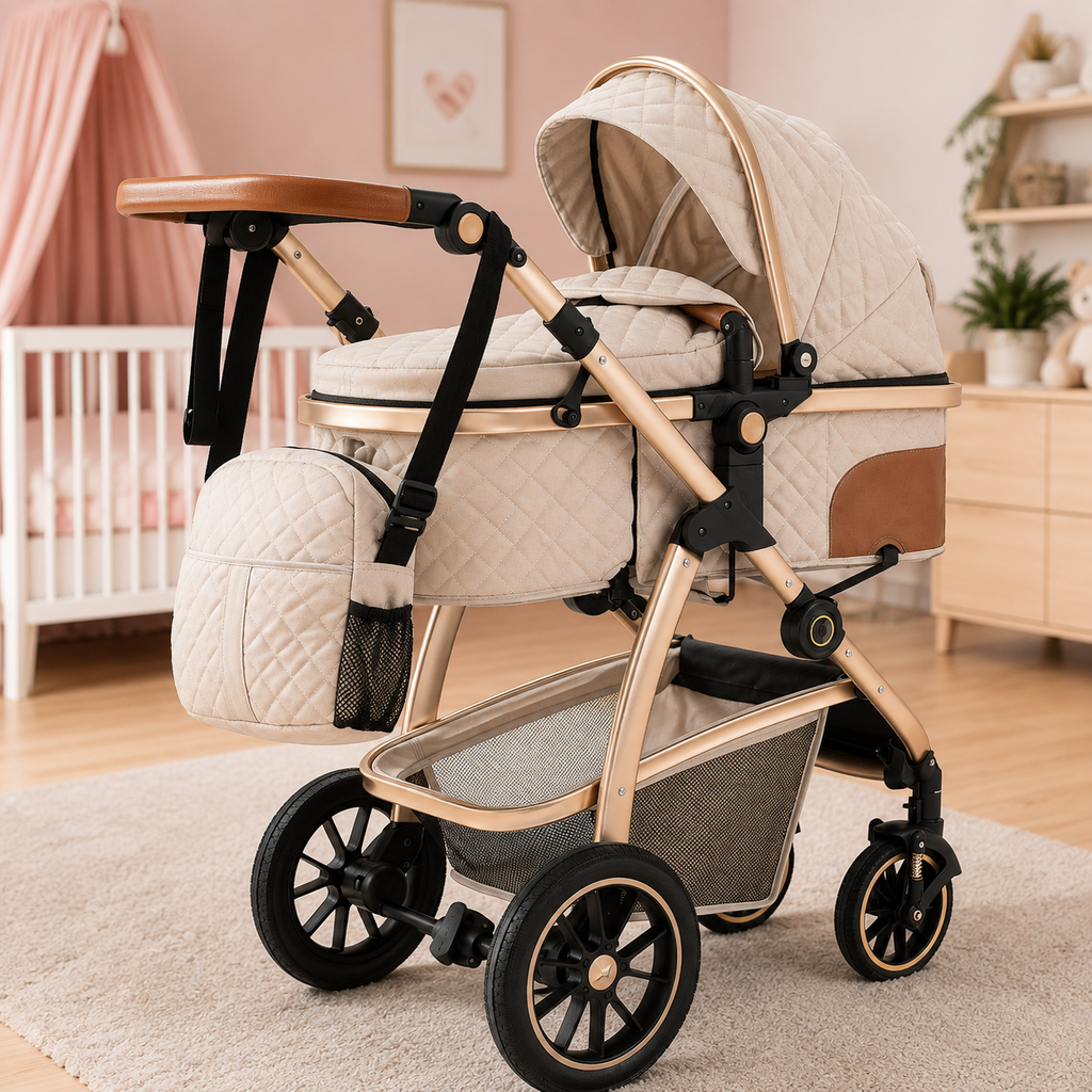 Détails du châssis et des roues de la poussette 3-en-1 beige