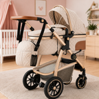 Détails du châssis et des roues de la poussette 3-en-1 beige