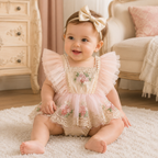 Bébé portant la robe body rose fleurie et son bandeau