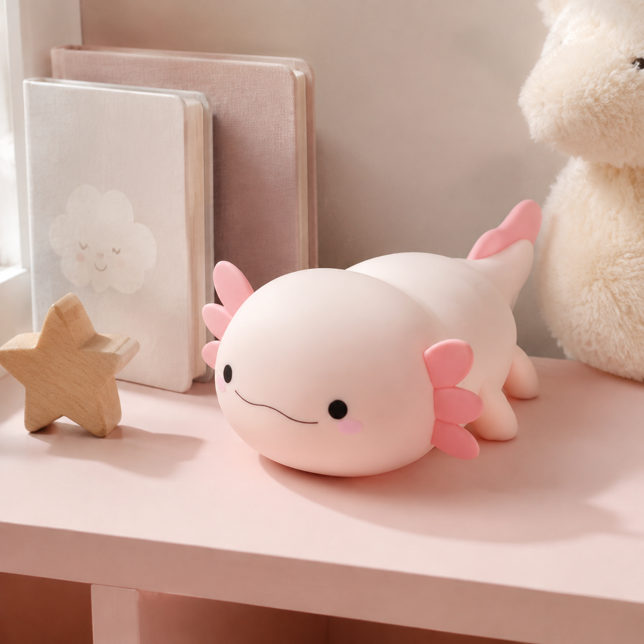 Veilleuse bébé axolotl dans un décor rose poudré