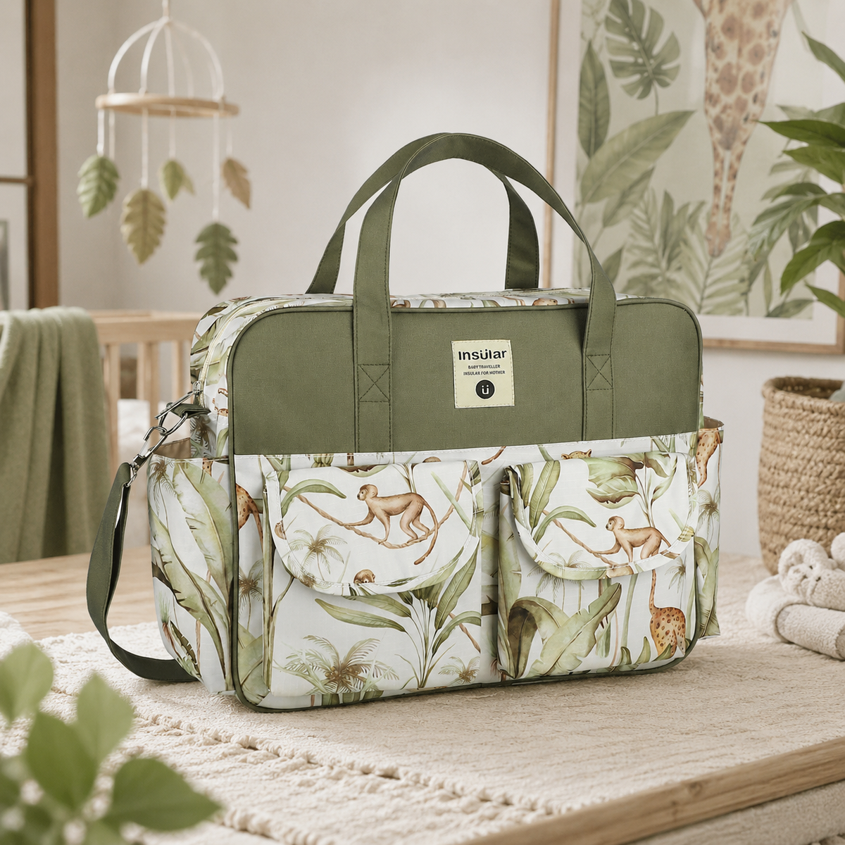Sac à langer Oxford motif jungle aux singes dans un univers bébé naturel
