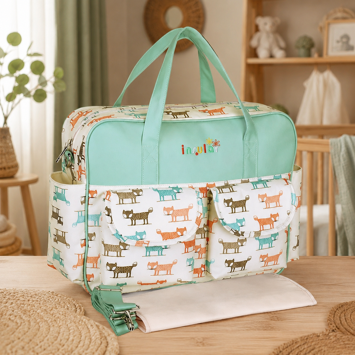 Sac à langer 39 cm motif Renards roux mis en scène dans une chambre de bébé