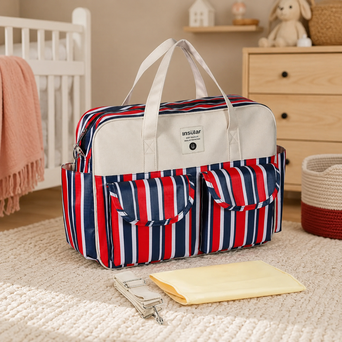 Sac à langer 39 cm motif Rayures rouges mis en scène dans une chambre de bébé