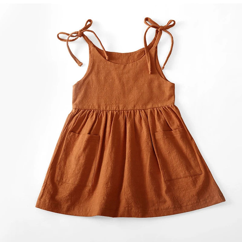 Robe Fille en Coton à Bretelles Nouées et Poches