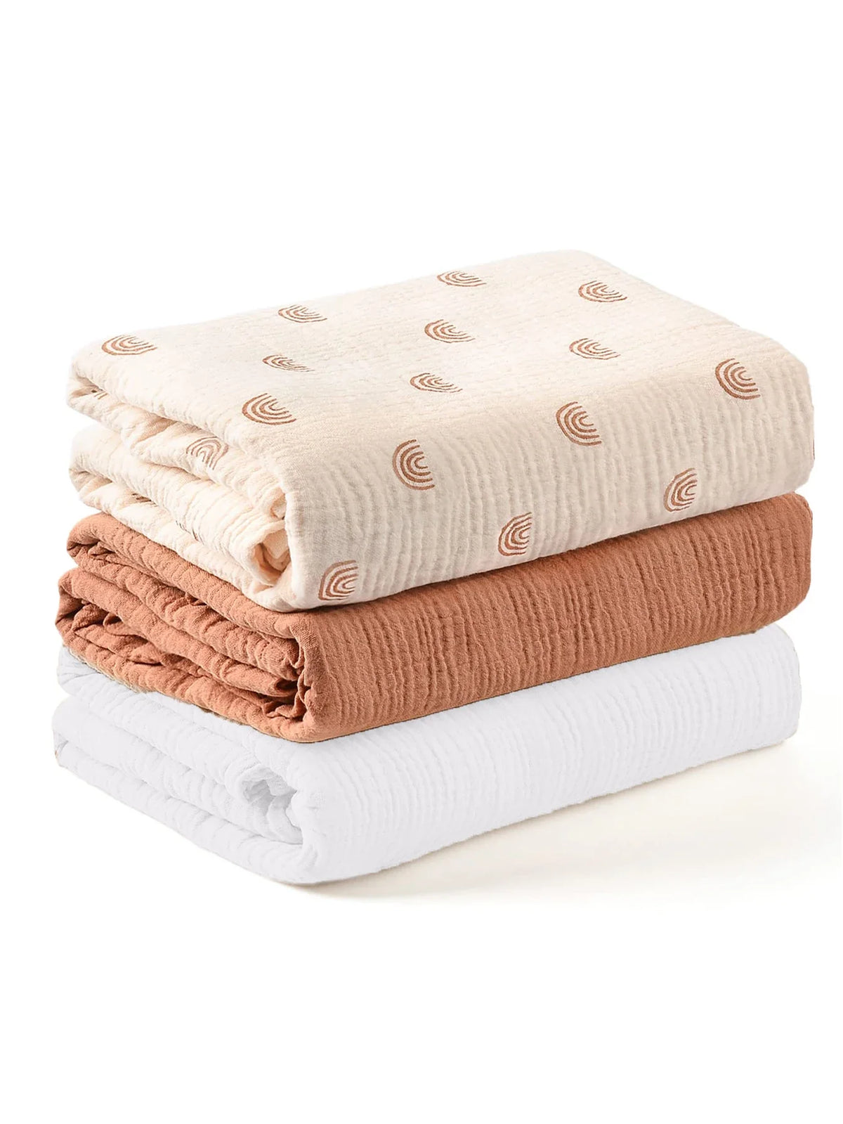 Lot de trois langes bébé terracotta blanc et arc-en-ciel crème
