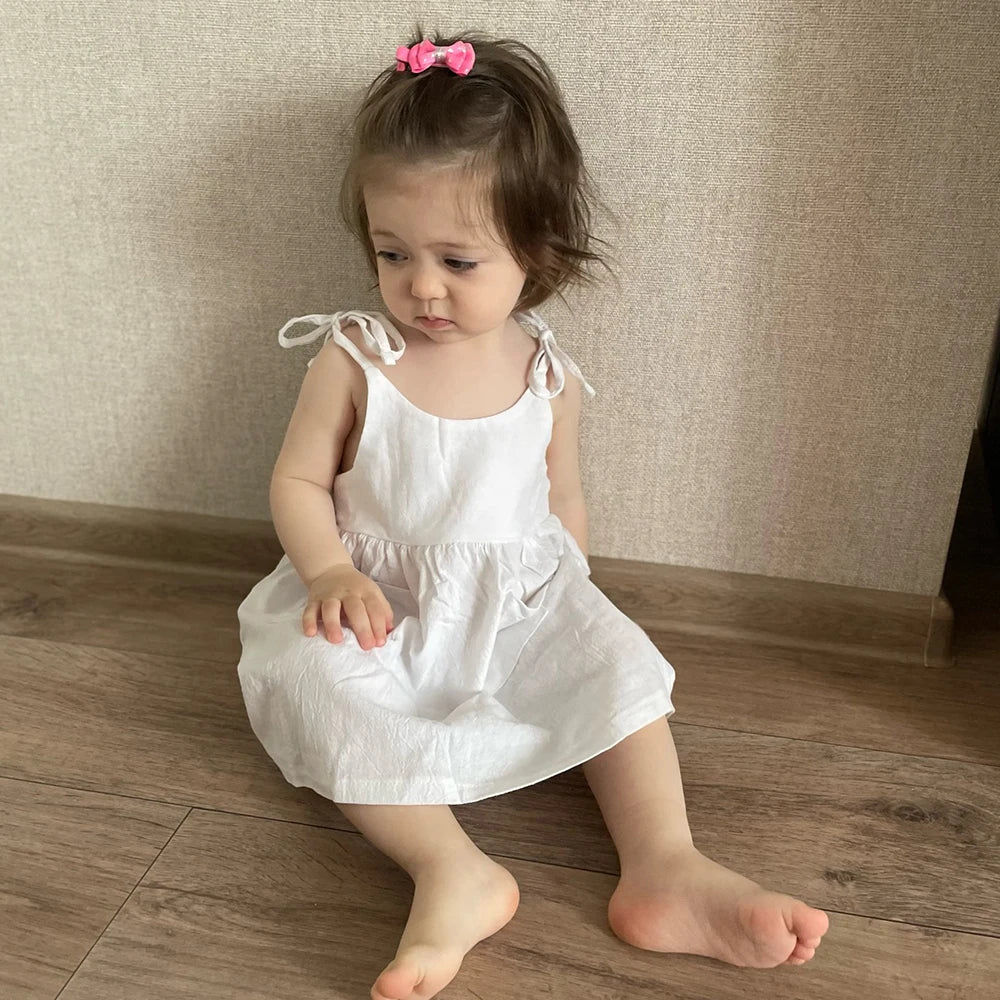 Robe Fille en Coton à Bretelles Nouées et Poches