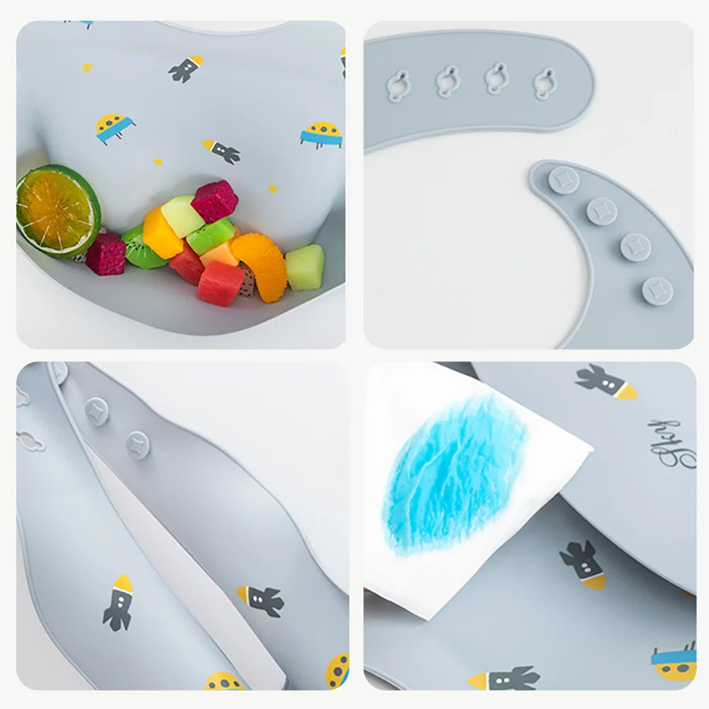 Bavoir Bébé en Silicone à Motifs Ludiques avec Poche