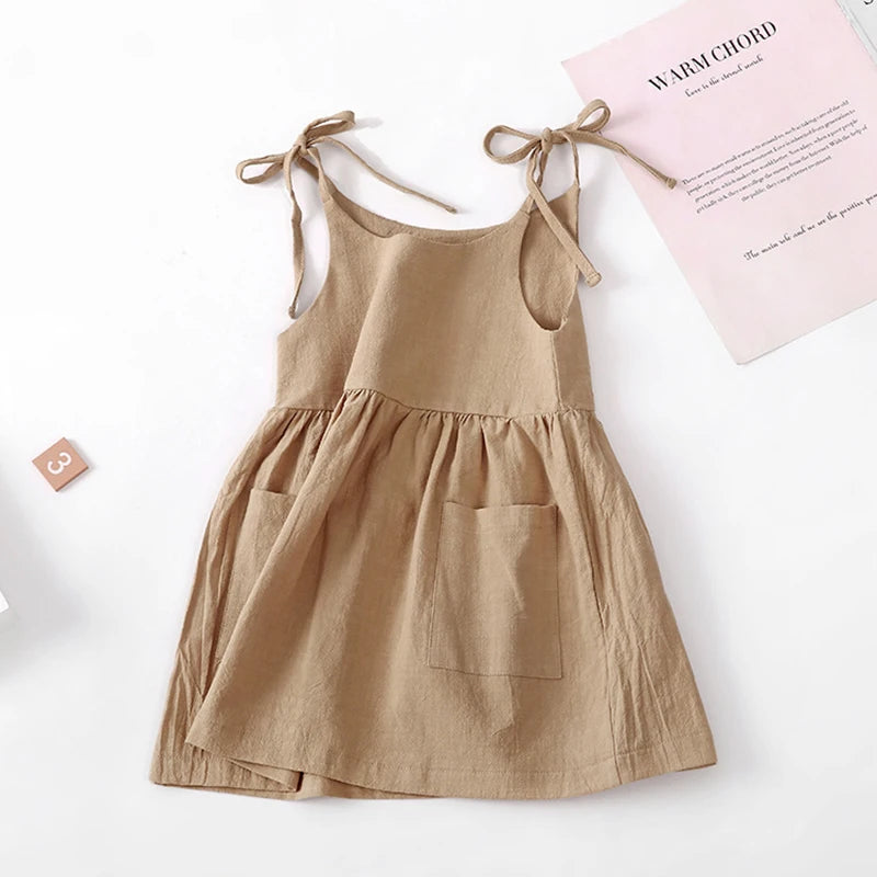 Robe Fille en Coton à Bretelles Nouées et Poches