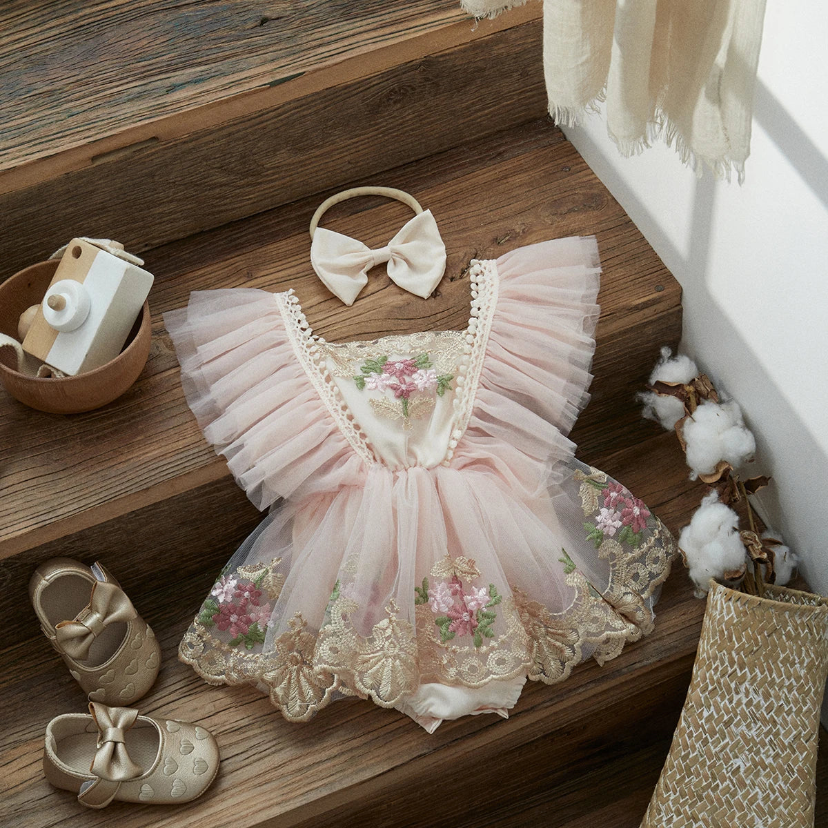 Robe Body Bébé Fleurie en Tulle avec Bandeau