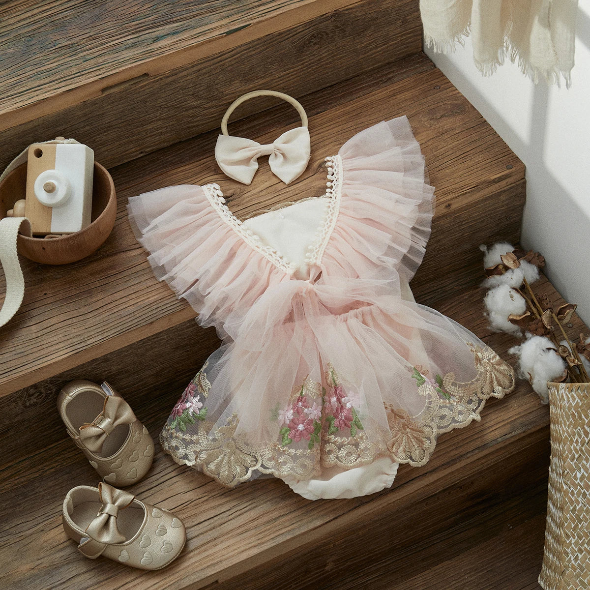 Robe Body Bébé Fleurie en Tulle avec Bandeau