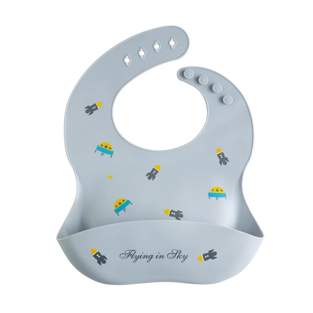 Bavoir Bébé en Silicone à Motifs Ludiques avec Poche