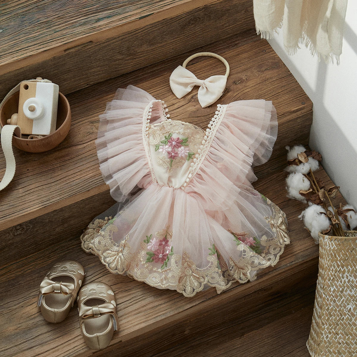 Robe Body Bébé Fleurie en Tulle avec Bandeau
