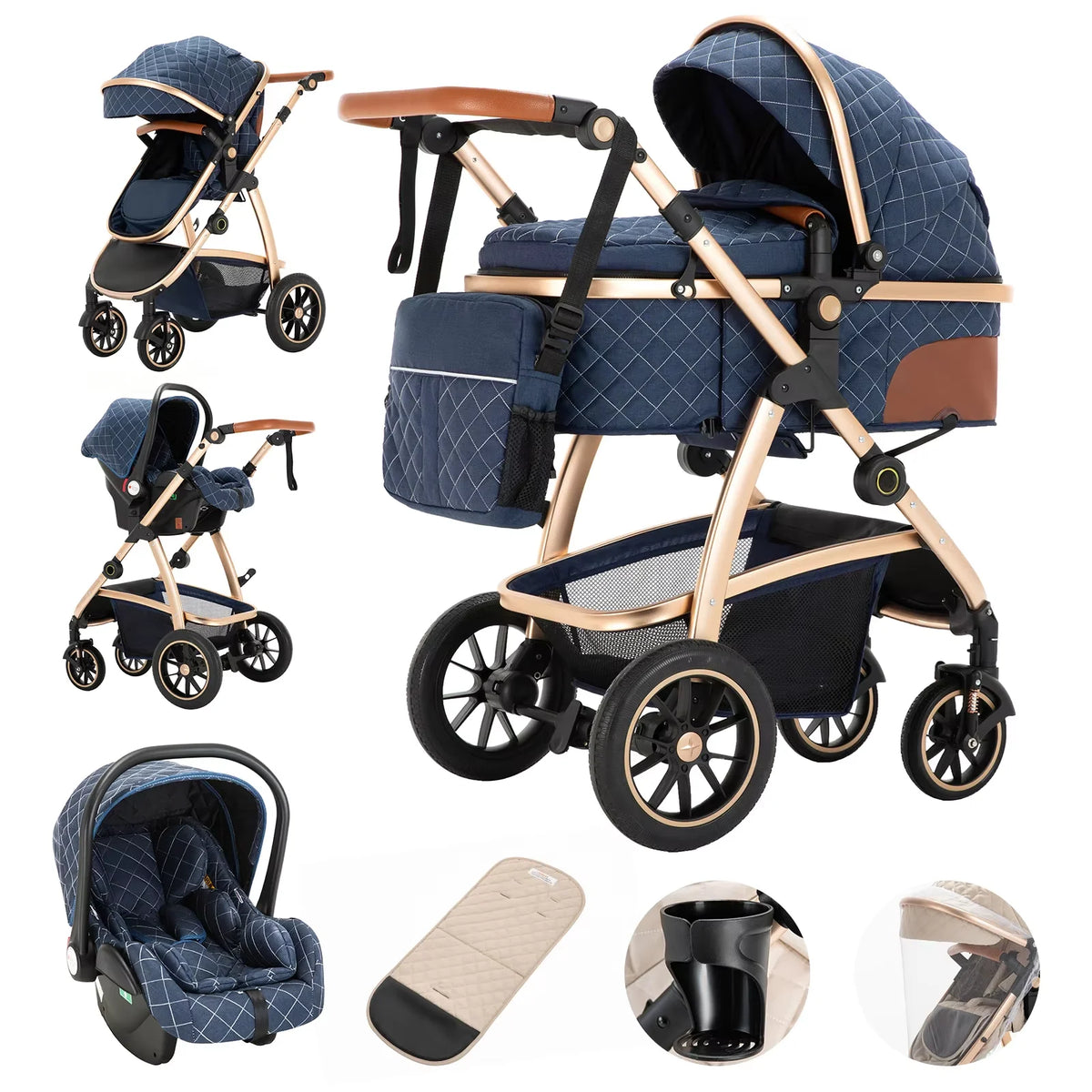 Poussette Bébé 3-en-1 Modulable avec Nacelle et Siège-Auto