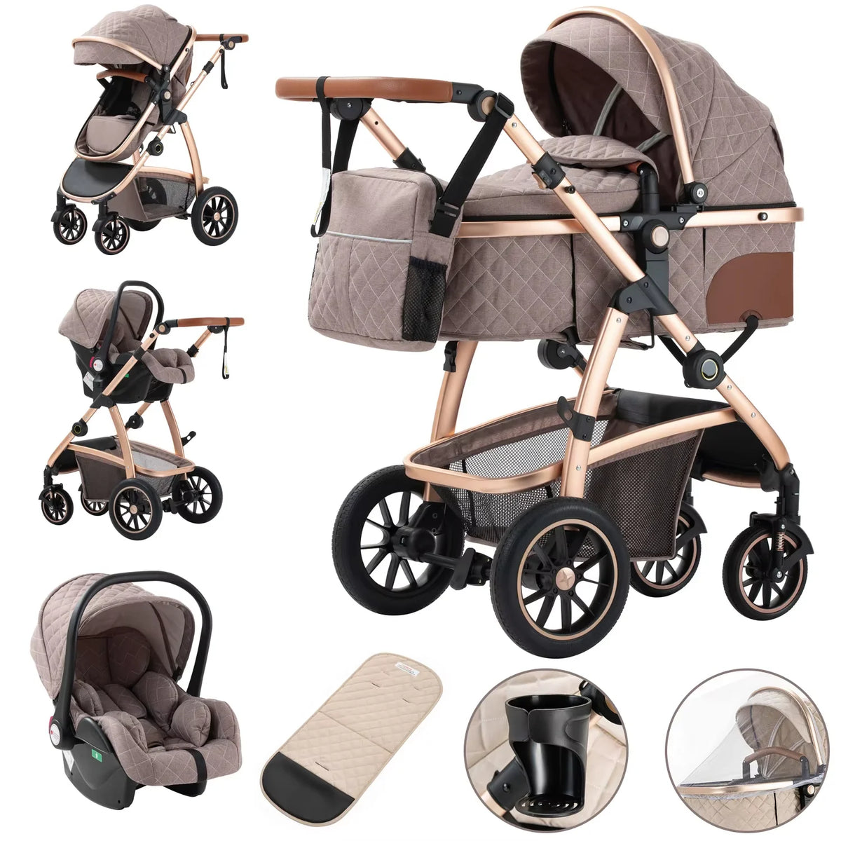 Poussette Bébé 3-en-1 Modulable avec Nacelle et Siège-Auto