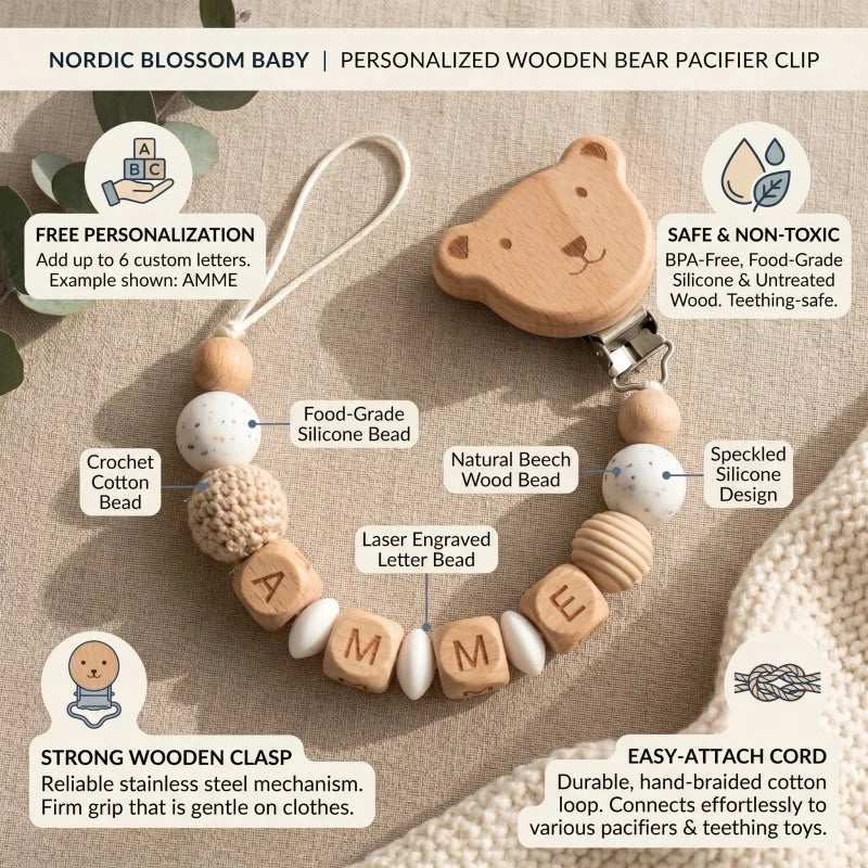 Attache-Tétine Bébé Personnalisée en Bois et Silicone