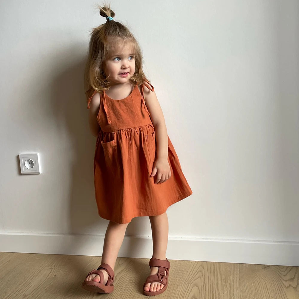Robe Fille en Coton à Bretelles Nouées et Poches