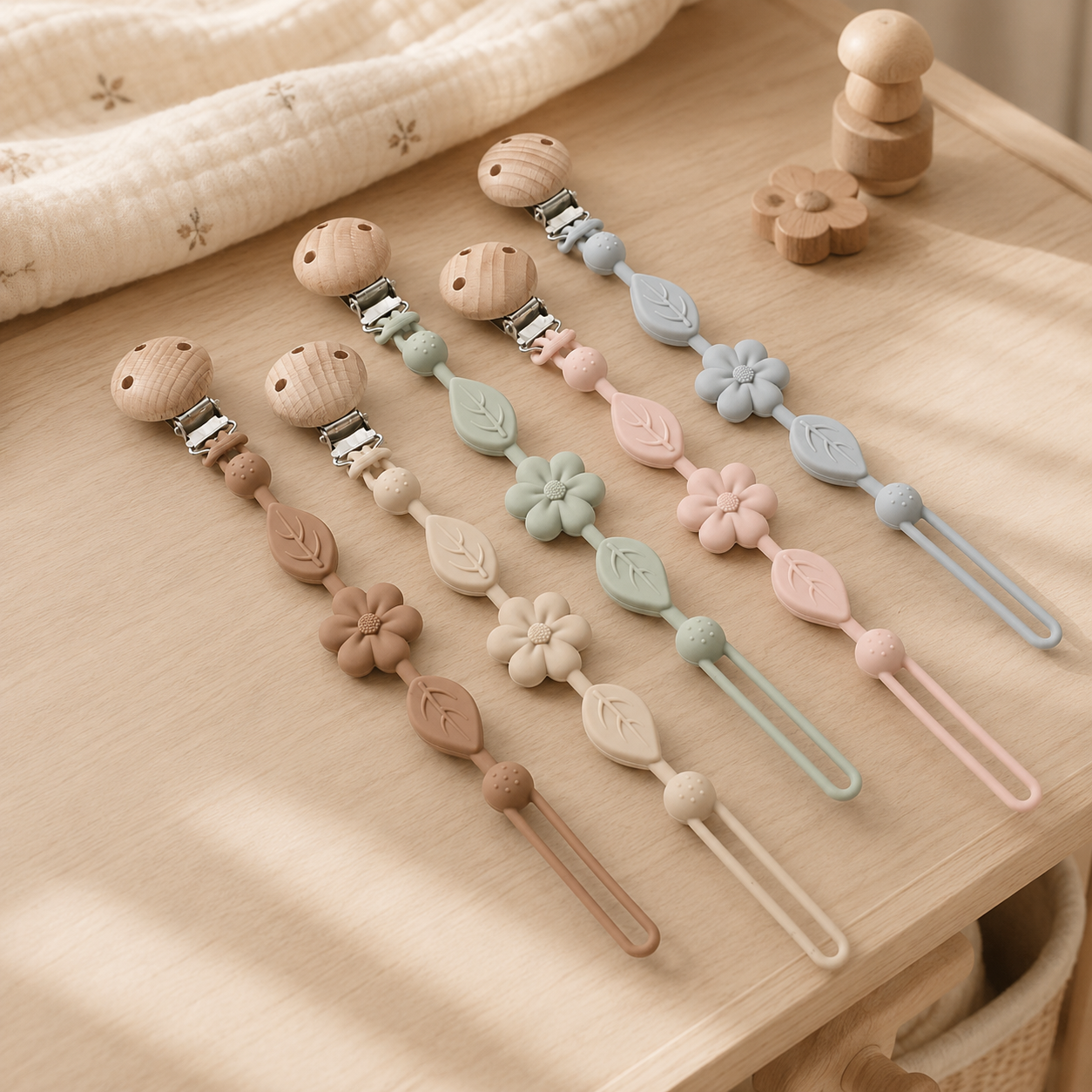 Attache-tétine fleur en silicone et bois dans une chambre de bébé