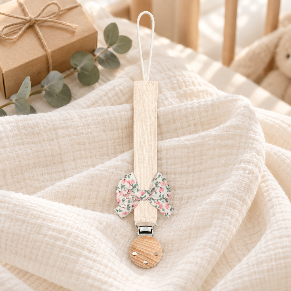 Attache-tétine en tissu crème avec nœud fleuri et pince en bois