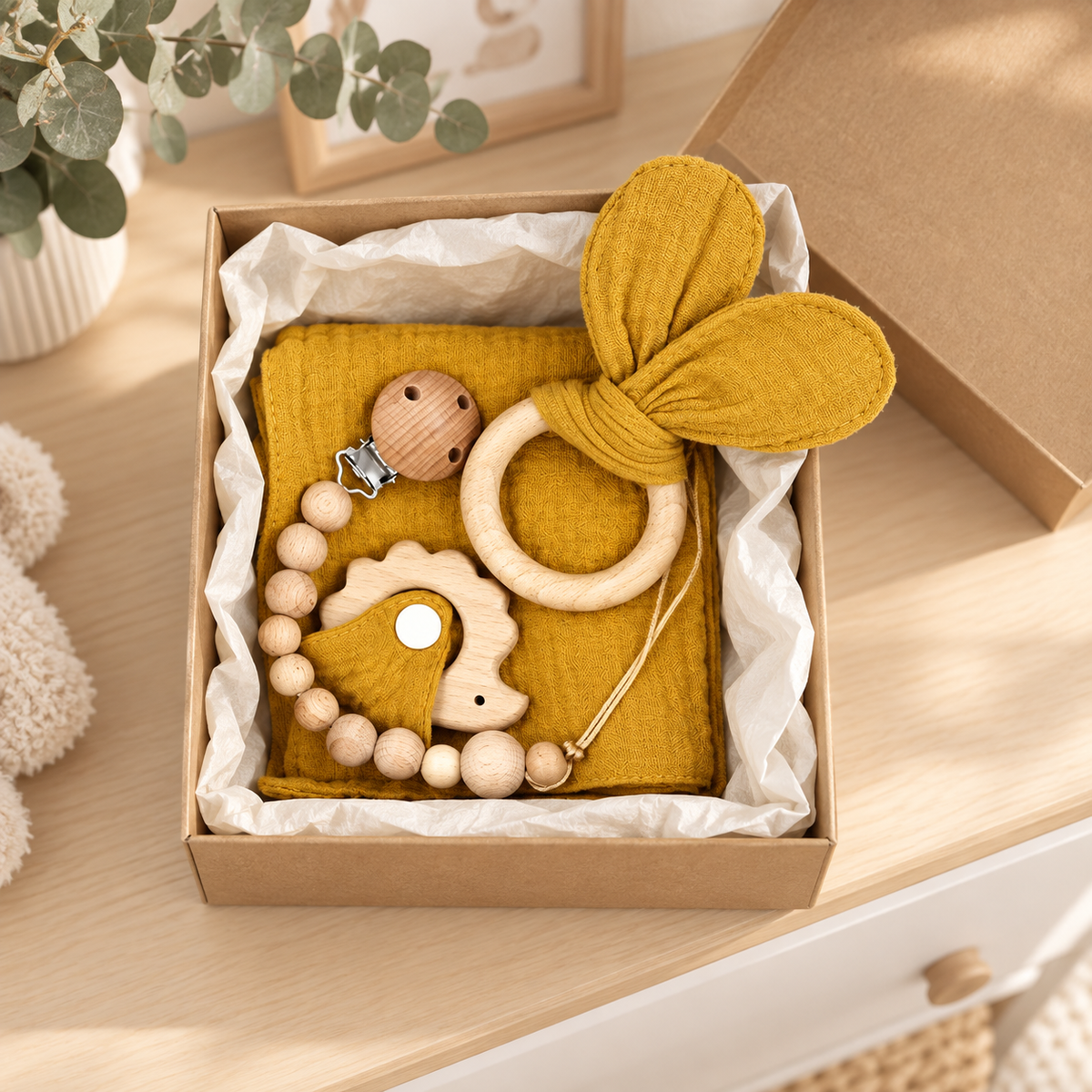 Coffret naissance avec doudou lapin et accessoires en bois - jaune moutarde