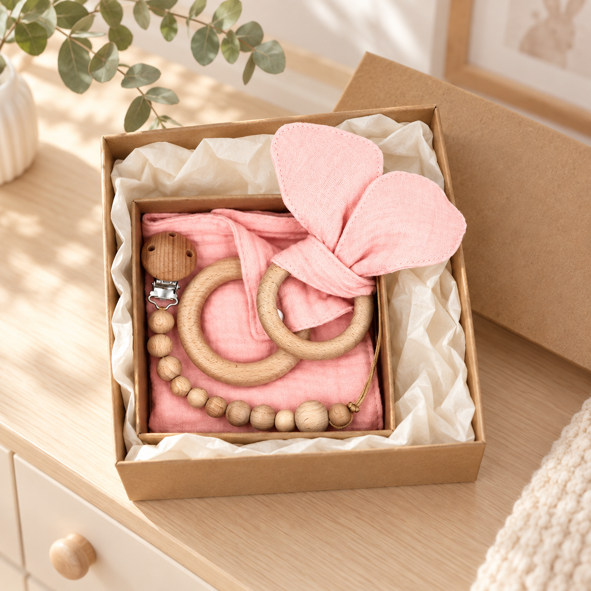 Coffret naissance avec doudou lapin et accessoires en bois - rose poudré