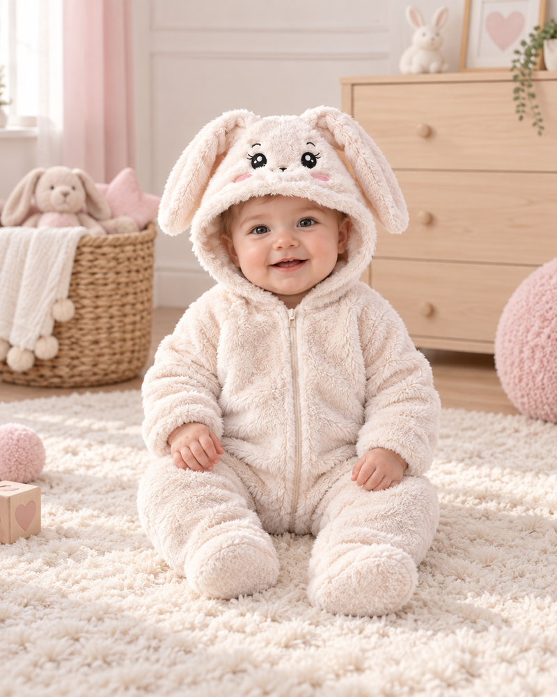 Bébé portant la combinaison Lapin crème à capuche