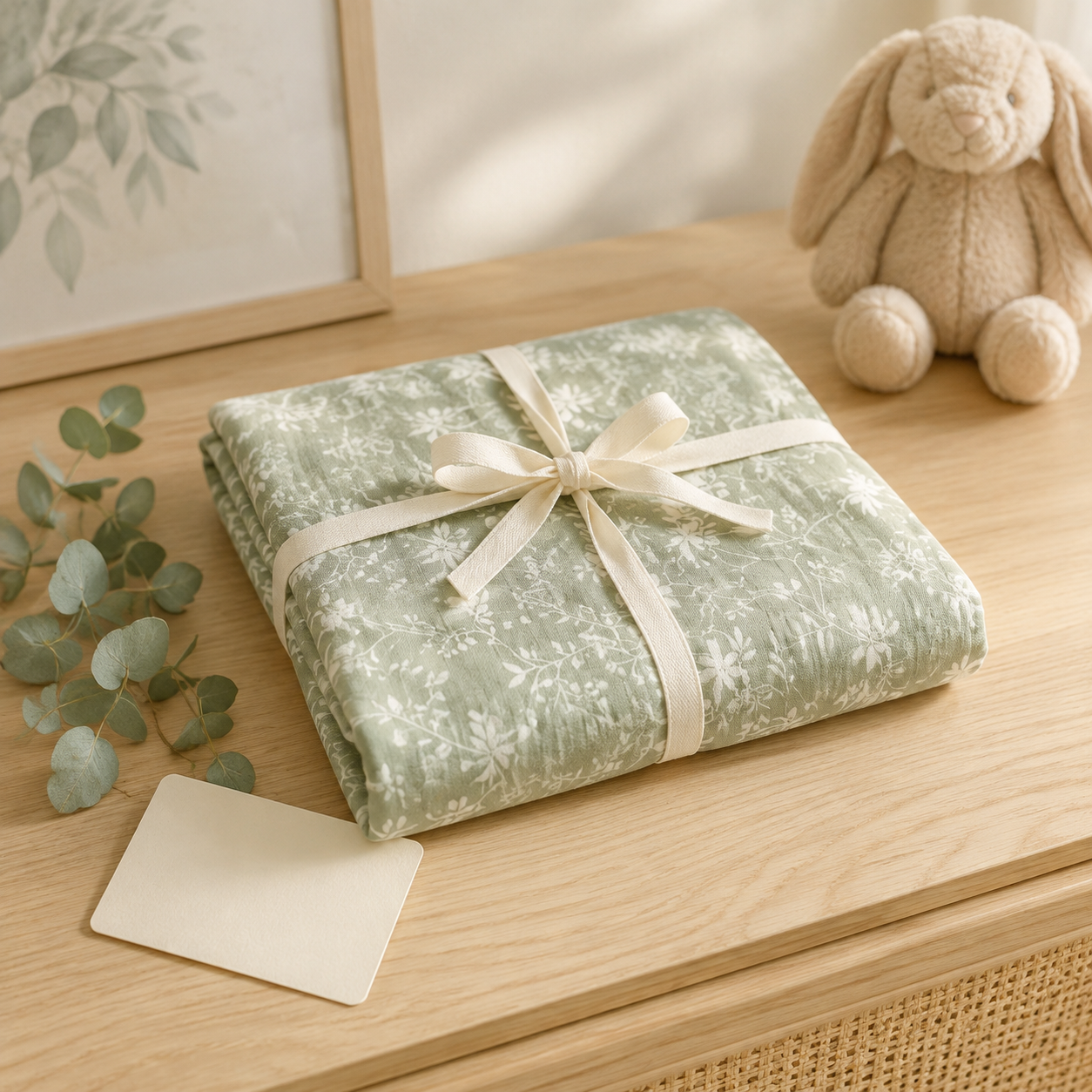 Couverture bébé en mousseline présentée comme cadeau de naissance