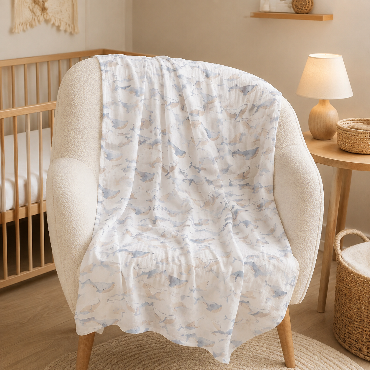 Couverture bébé à motif baleines sur un fauteuil d’allaitement