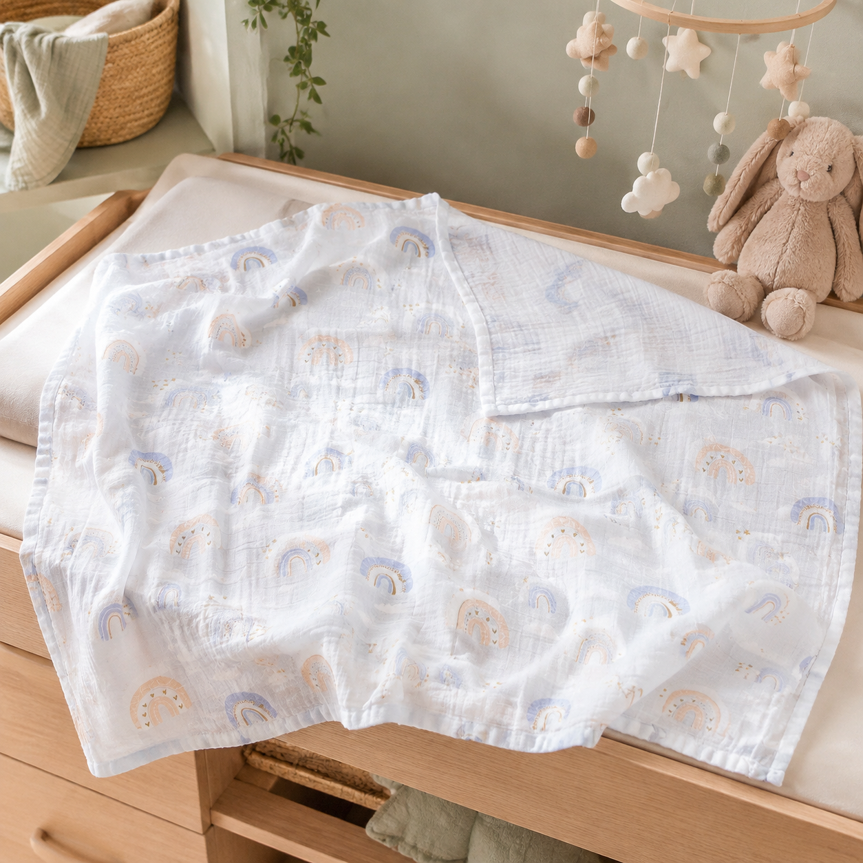 Couverture d’emmaillotage bébé en mousseline sur une table à langer