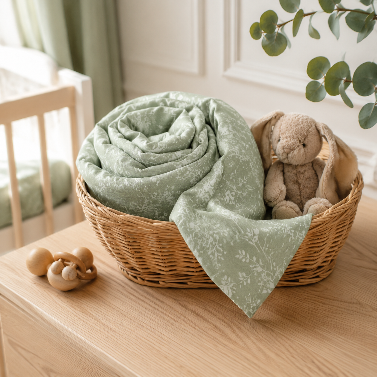Couverture bébé en mousseline sauge dans un panier en chambre de bébé