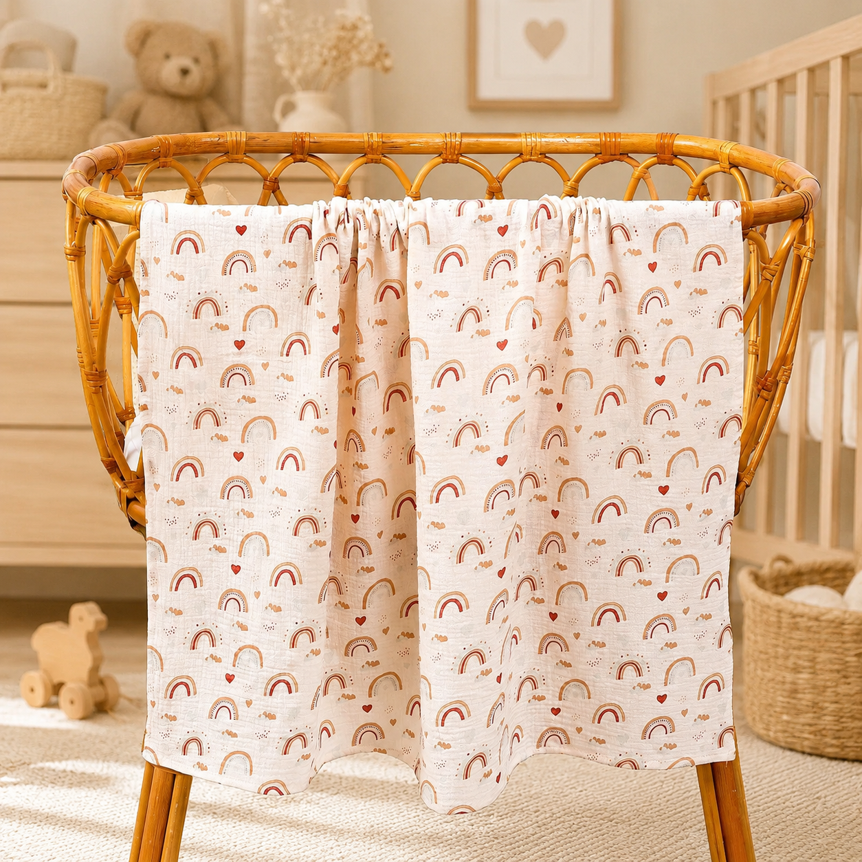 Lange bébé en mousseline de coton motif arc-en-ciel dans une chambre de bébé
