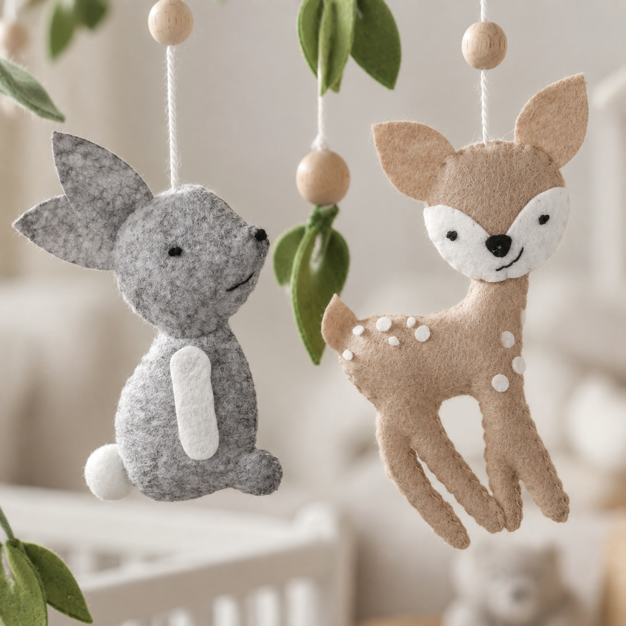 Détail du lapin et du faon en feutrine du mobile bébé