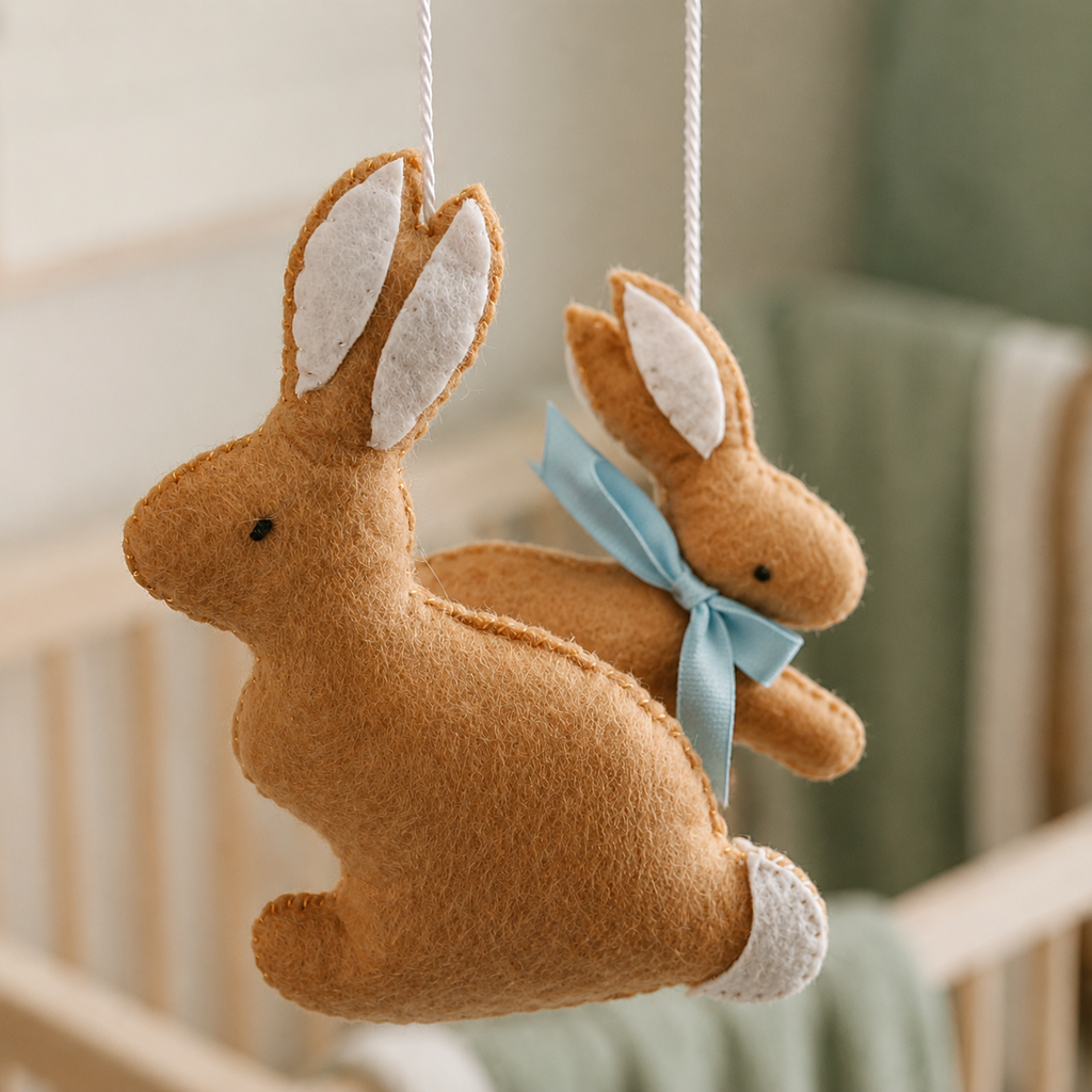 Détail des deux lapins en feutrine du mobile bébé
