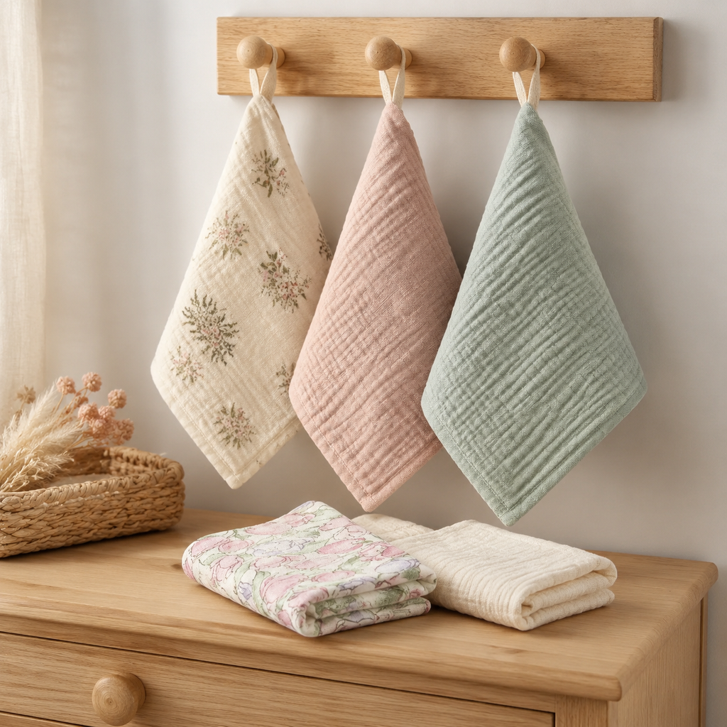 Linges bébé suspendus à des patères en bois dans une chambre bébé
