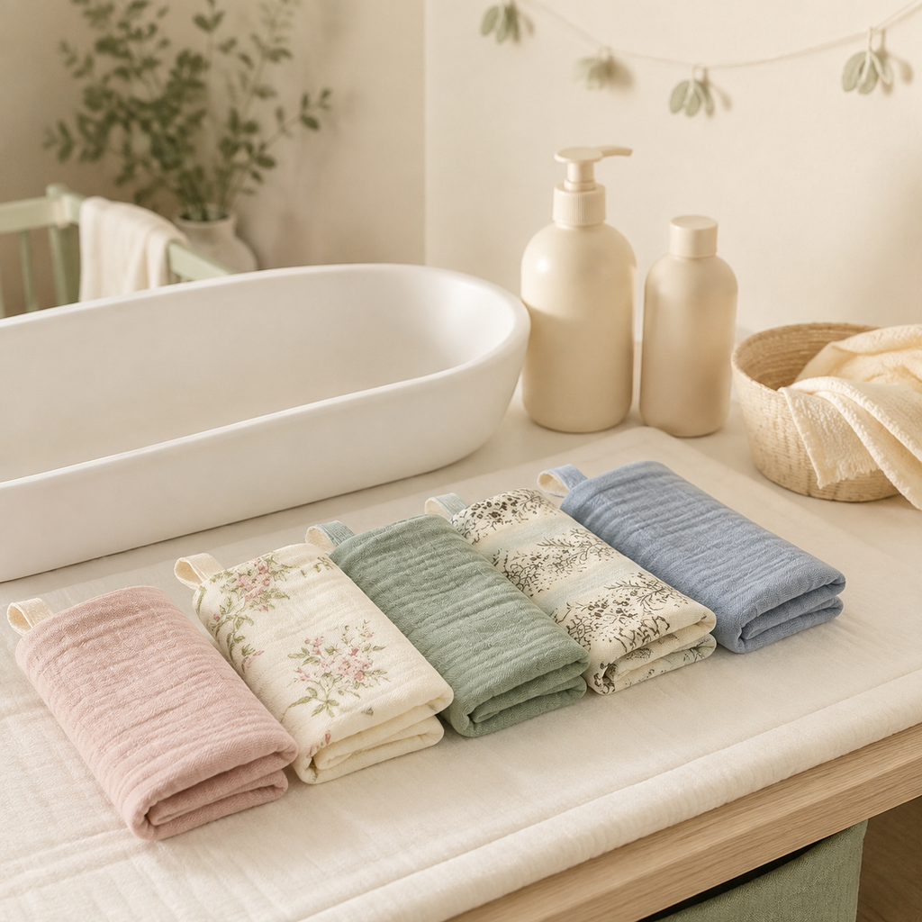 Lot de linges bébé près d’une bassine sur une table à langer