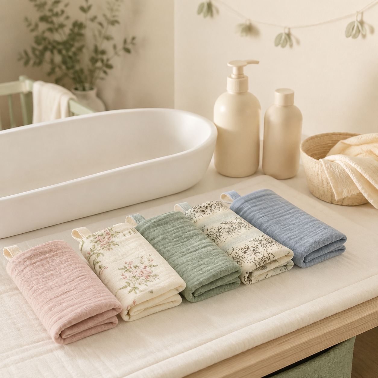 Lot de linges bébé près d’une bassine sur une table à langer