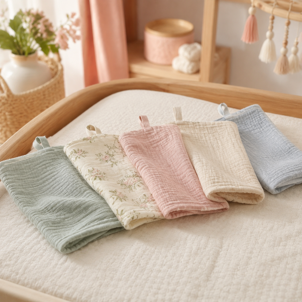 Linges de toilette bébé en gaze de coton sur une table à langer